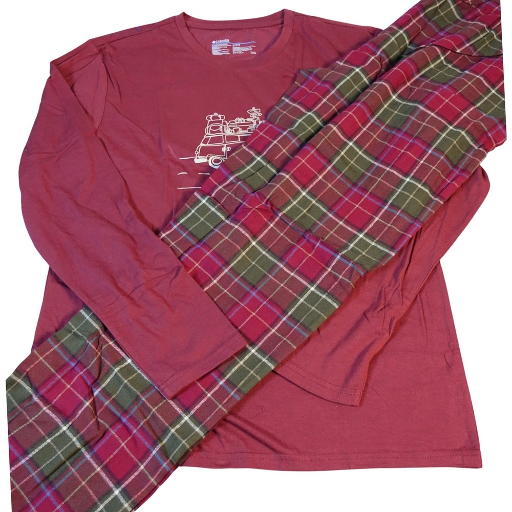 Columbia Pajama Pants Set Men Large Long Sleeve Shirt Van Life Graphic Burgundy